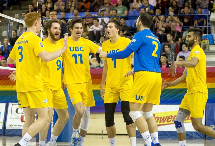 <who>Photo Credit: UBC Thunderbirds </who>Fynn McCarthy (11) led the team in kills with nine in the championship match vs Trinity Western.