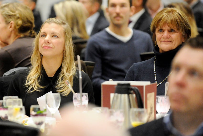 <who>Photo Credit: Lorne White/KelownaNow </who>Christie Van Hees watches a video presentation with her mom, Candy, at Thursday's breakfast gala.