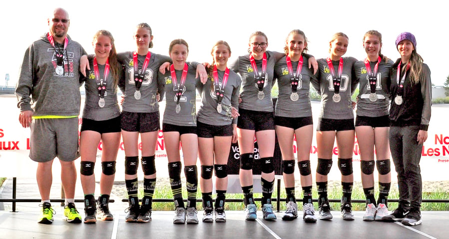 <who>Photo Credit: Contributed </who>Kelowna's T2 Volleyball Club reached the final of the National (Western Canada) U14 Volleyball Championships in Richmond recently, claiming the silver medal. Members of the team are, from left: Darin Blaskovits (assistant coach), Keira Lidstone, Arewyn Rae, Havana Martinez, Isabella Dreger, Sylvie Boschman, Calista Cencig, Sophia Vicaretti, Grace Blaskovits, and Tammy Thomas (head coach).