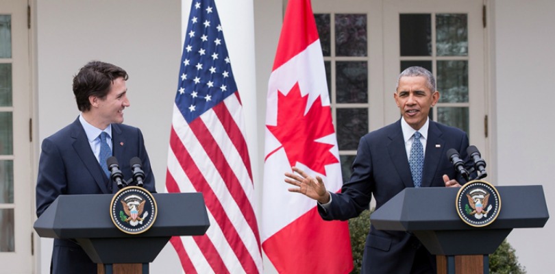 <who> Photo Credit: Government of Canada. </who> Prime Minister Trudeau and President Obama speaking outside of The White House in March. 