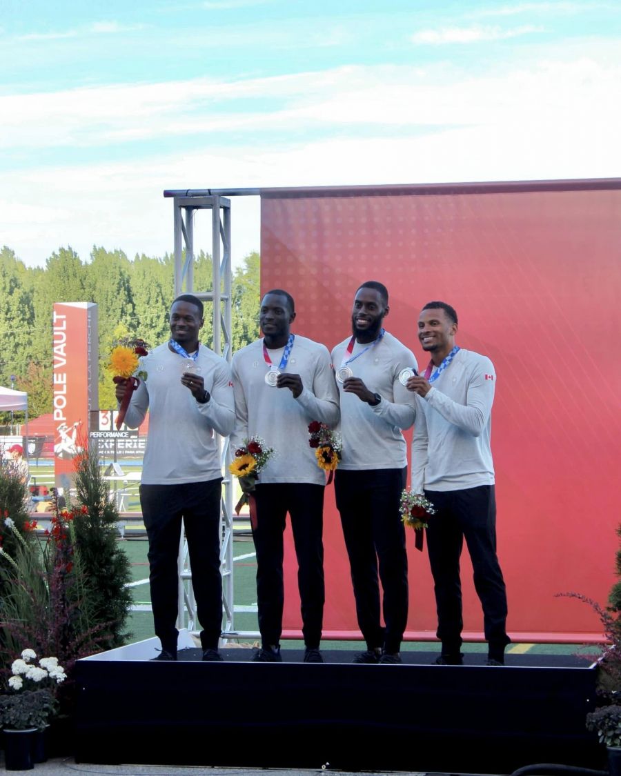 <who> Photo Credit: Team Canada Facebook </who> (L-R) Aaron Brown, Jerome Blake, Brendon Rodney and Andre De Grasse