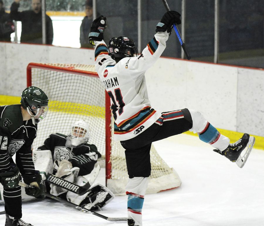 Max Graham celebrates his goal in the final against the Everertt Silvertips.