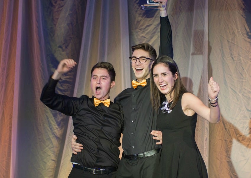 <who> JDC West 2016 </who> UBC Okanagan third-year Faculty of Management students (from left) Nick Ross, Graeme Sailor, and Jennifer Stolarchuk celebrate their first-place finish at JDC West for entrepreneurship.