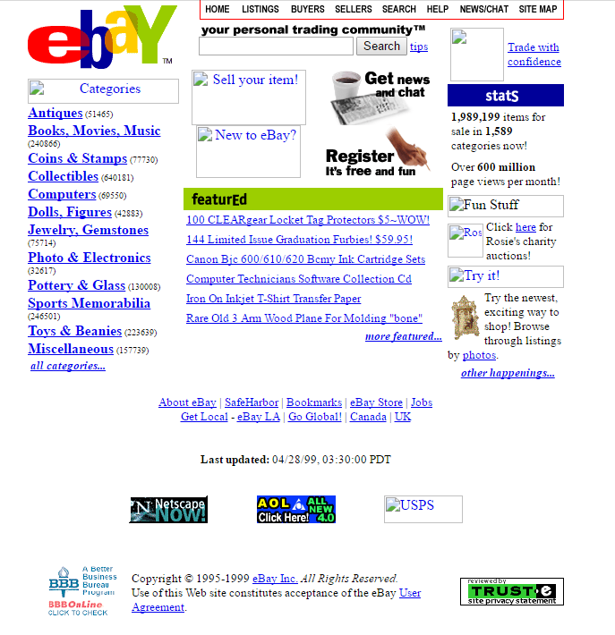 <who> Photo Credit: Internet Archive Wayback Machine </who> Ebay website in 1999.