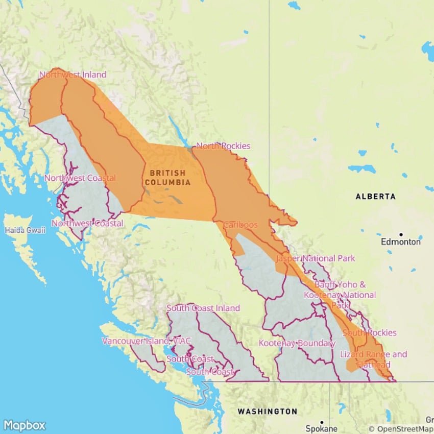 <who> Photo Credit: Avalanche Canada. </who> An increased avalanche risk is likely in orange section of the map. 