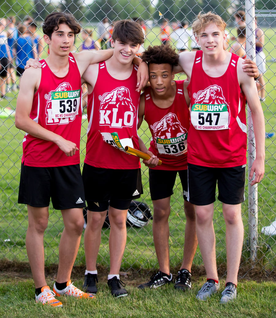 <who>Photo Credit: Candid Apple Photography </who>The KLO Cougars' 4x100 relay team of, from left, Santino Corbo, Tyson Carr, Kory Cheese-Klacken and Lynden Infanti teamed up to win the Grade 8 championship.