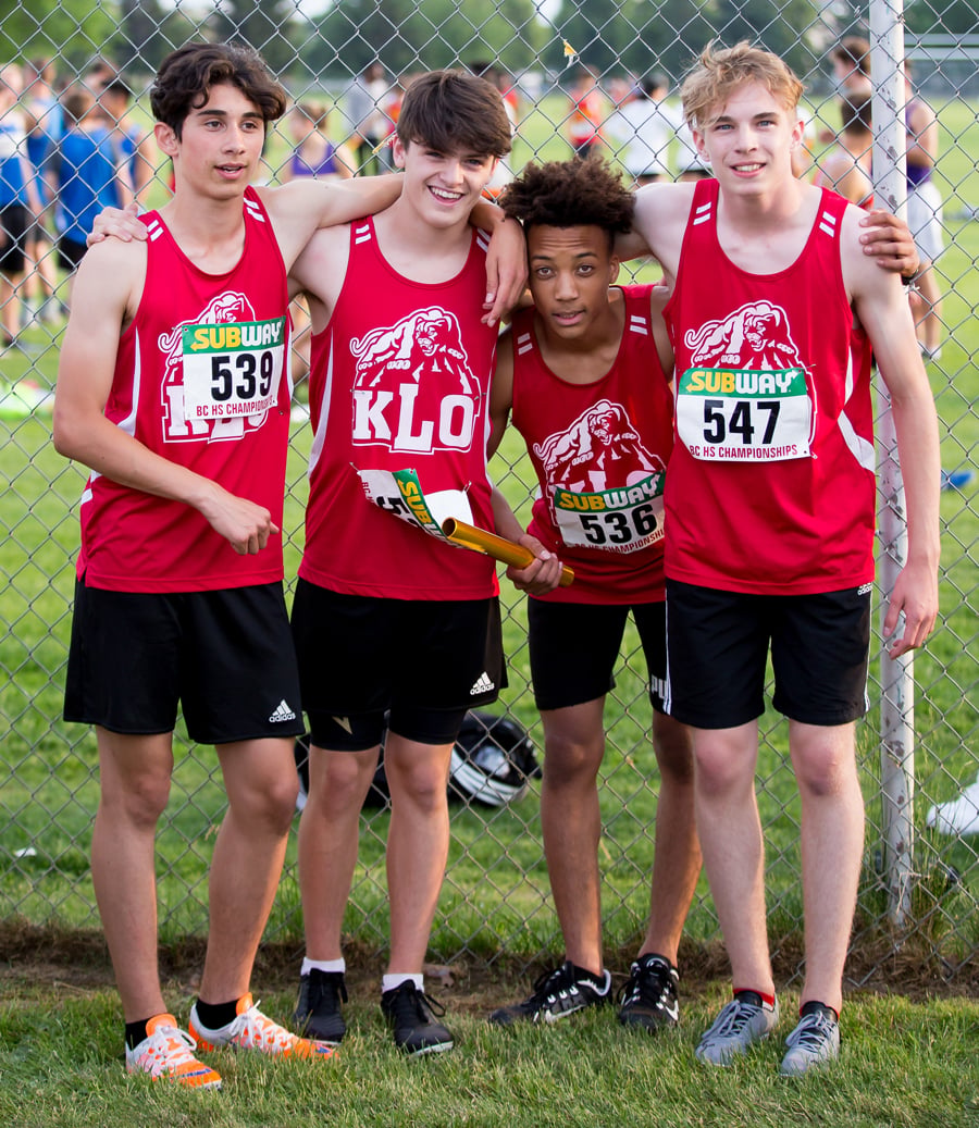 <who>Photo Credit: Candid Apple Photography </who>The KLO Cougars' 4x100 relay team of, from left, Santino Corbo, Tyson Carr, Kory Cheese-Klacken and Lynden Infanti teamed up to win the Grade 8 championship.