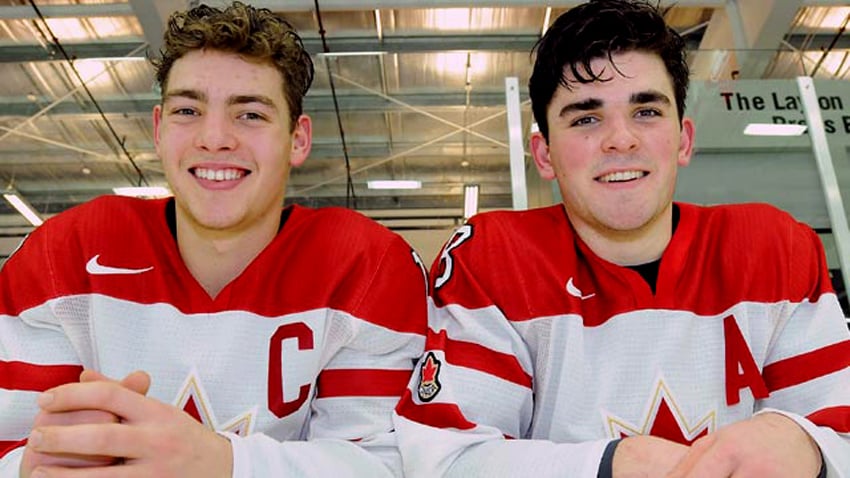<who>Photo Credit: Hockey Canada </who>Jost, left, and Penticton Vees teammate, Dante Fabbro, were expected to be drafted in the first round of the 2016 NHL draft.