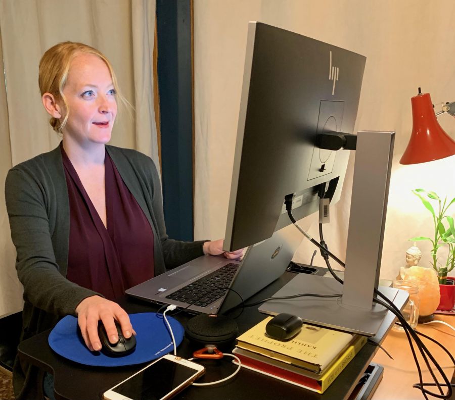 </who> Telus account specialist Amber Hall is working from home until the spring of 2021, when corporate offices reopen to workers.