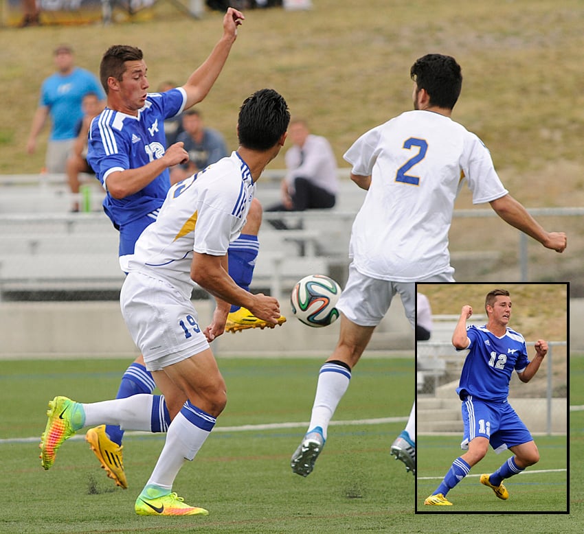 <who>Photo Credit: Lorne White/KelownaNow </who>Luke Warkentin puts his foot to the ball to score the Heat's goal on Sunday against the UBC Thunderbirds.