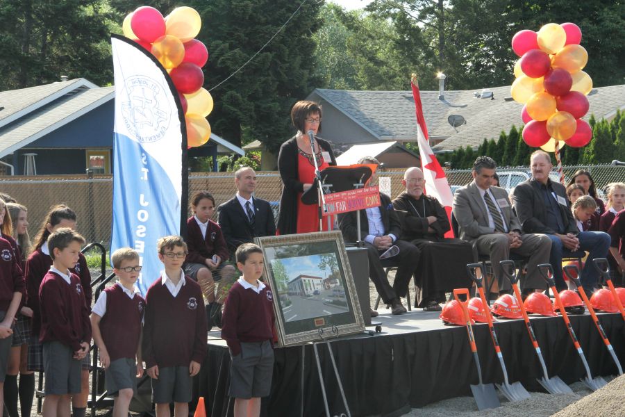 <who> Photo Credit: KelownaNow. </who> St. Joseph's Principal Lynn Fleck spoke about their excitement over the new school. 