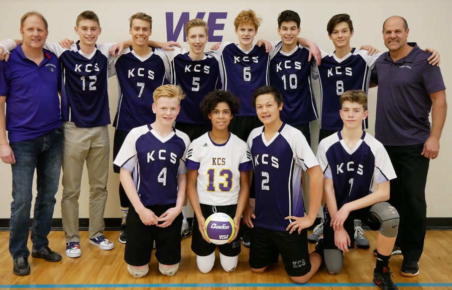 <who>Photo Credit: Contributed </who>The Kelowna Christian School Knights are in Prince George this week to compete for the BCSS senior A boys volleyball championship. Members of the Okanagan Valley representatives are, from left, front: Jared Hanenburg, Carrington Fung, Jessie Toews, and Adam Einarson. Back: James Haasduyk (coach), Jackson Zink, Max Becker, Josh Flood, Conner Haasdyk, Jake Sabbath, Keaton Weatherill and Marlin Toews (coach). 