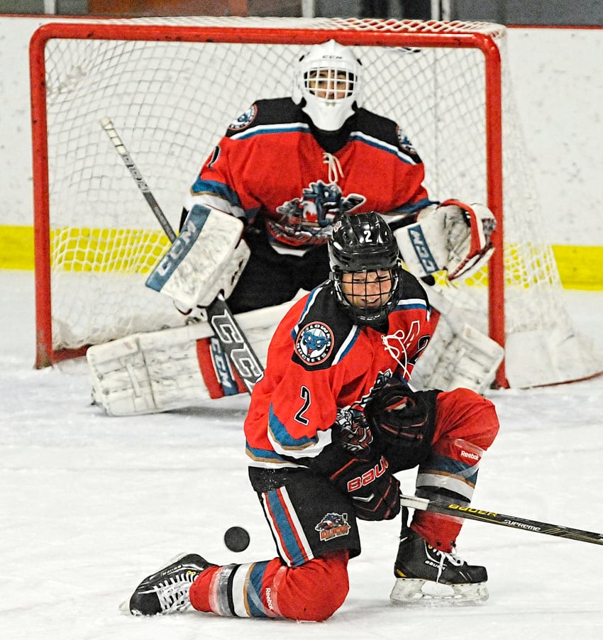 <who>Photo Credit: Lorne White/KelownaNow </who>Key figures defensively for the Kelowna Tier 1 Rockets will be defenceman Luigi Russo (2) and goaltender James Johnston.