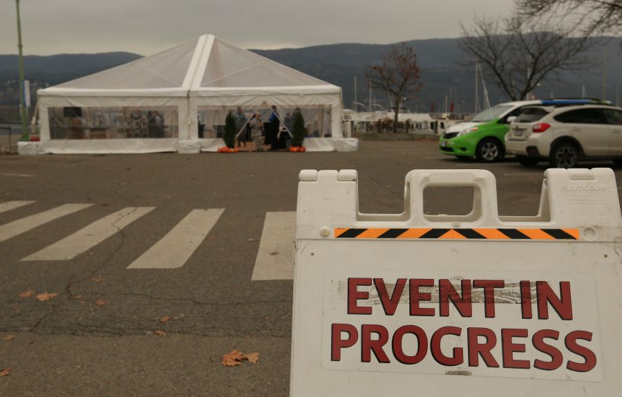 <who>KelownaNow</who>The tent is the same height as the proposed building and the parking lot will become green space.