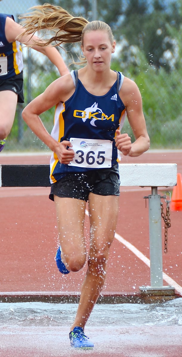 <who>Photo Credit: Angie Mckenzie </who>Tatum Wade won both the 1500-metre and 1500-metre steeplechase events in Kamloops to help the OKM Huskies claim second place in the overall junior team standings at the Valley championship meet in Kamloops.