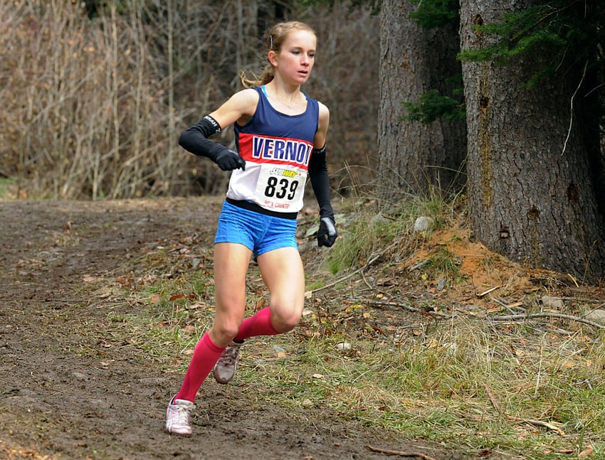 <who>Photo Credit: Lorne White/KelownaNow </who>Hannah Bennison of Vernon Secondary School led for most of the race on the way to a third straight B.C. championship.