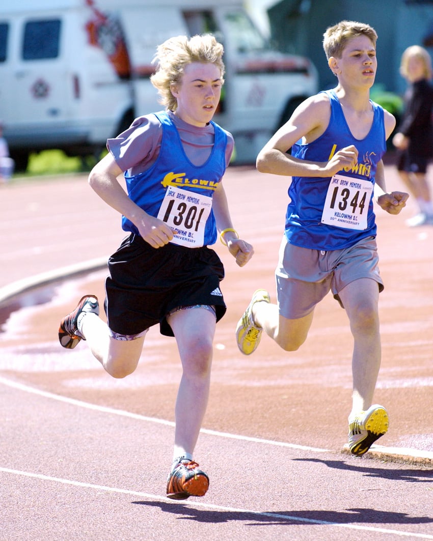<who>Photo Credit: Lorne White/KelownaNow </who>Connor Clerke, left, and Daniel Medland-Marchen were both outstanding Kelowna minor hockey players who also stood out on the track at the Jack Brow Memorial meet in 2005.