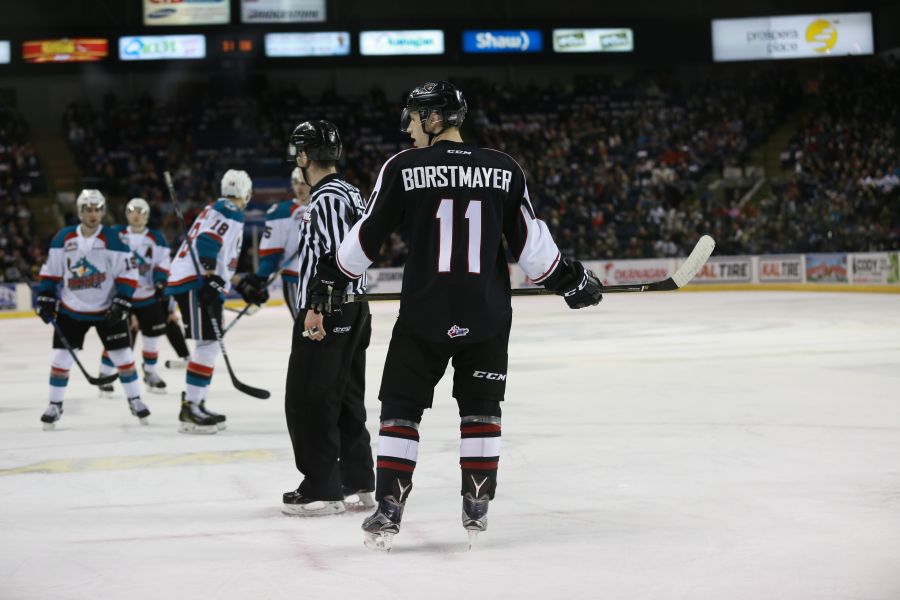 <who>Photo Credit: KelownaNow</who>Jordan Borstmayer got a goal against his former team on Saturday.