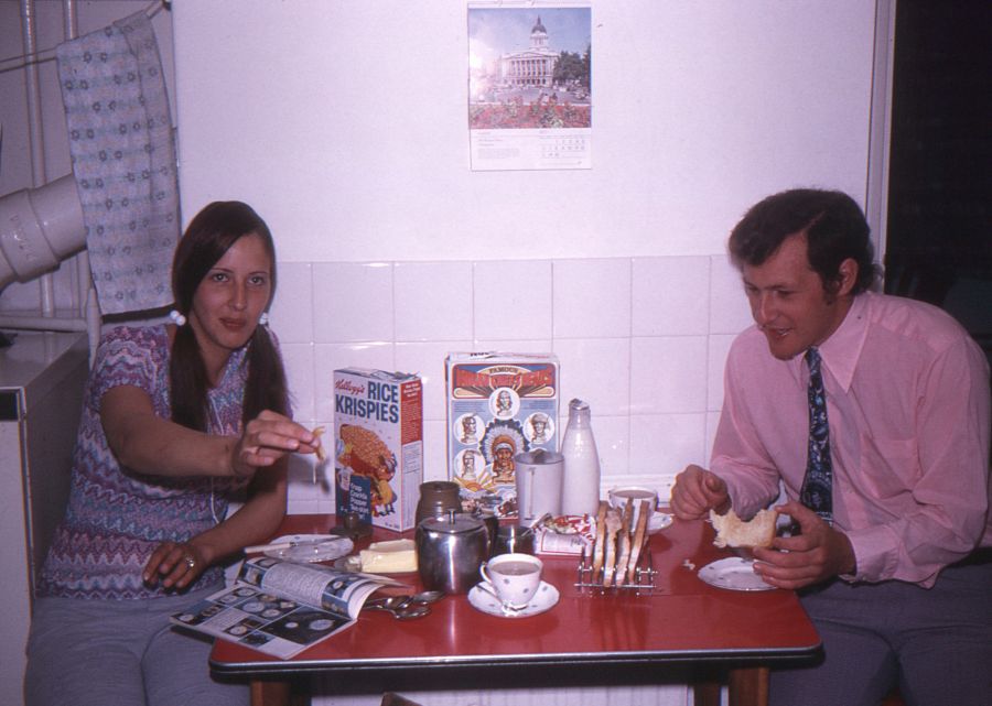 <who>Photo Credit: Roger Hawkins</who> Susan and Roger at their pre-wedding breakfast table