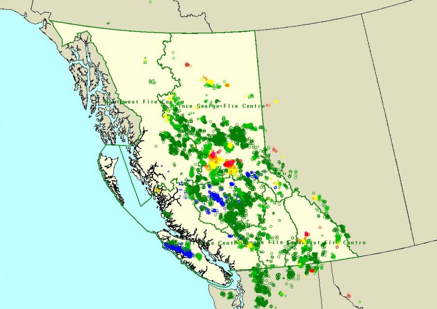 <who> BC Wildfire Services. </who> A lightning map from BC Wildfire Services for June 20. The coloured circles on the map below indicate where lightning struck.