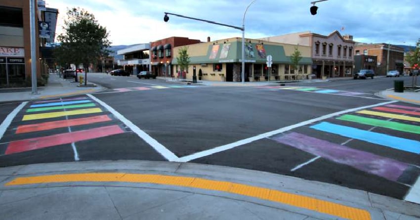<who> Photo Credit: Okanagan Pride Society </who> The rainbow sidewalks in downtown Kelowna.