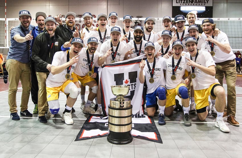 <who>Photo Credit: USports </who>The University of B.C. Thunderbirds celebrate their first national university men's volleyball title in 35 years.