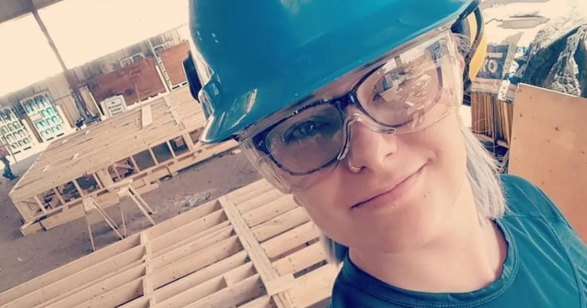<who> Maria Wuschke, Member Relations & Office Manager at Canadian Home Builders’ Association - Central Okanagan and member of the Women in Construction Committee, during her carpentry program at Okanagan College. </who>