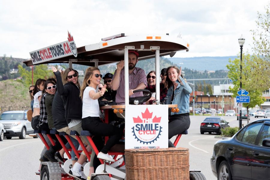 <who>Photo Credit: Smile Cycle Tours </who>Smile Cycle Tours, which offers various excursions in and around downtown Penticton on a 15-seat, Dutch-made quadricycle, is now open for business.