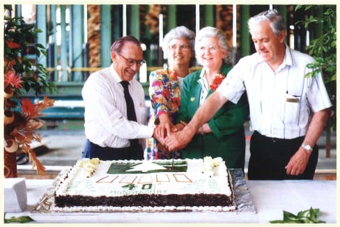 </who>Gorman Brothers Lumber founders, John, left, and Edith and Eunice and Ross, at the company's 40th anniversary party in 1989.