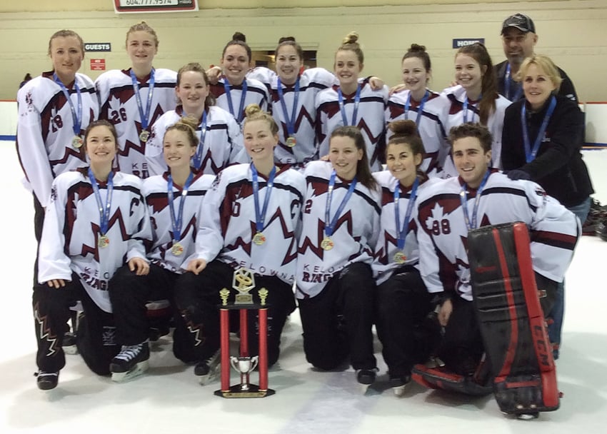 <who>Photo Credit: Contributed </who>The Kelowna Heat will attempt to add a Western Canadian U19A ringette title to their provincial championship when they take on the best from Alberta, Saskatchewan and Manitoba in Richmond next week. Members of the team are, from left, front: Taylor Pilon, Jordy Cates, Morgan Evans, Samantha Weigel, Keely Horning and Jordan Reynolds. Back: Morgan Irvine, Natalie Hope, Emily Thomas, Stephanie Russo, Kiana Wong, Morgan Asling, Caitlin Pineau, MacKenzie Barton, Dan Pilon (coach) and Debbie Asling (coach). Missing: Sheri Pineau (manager) and Zach Wynn.