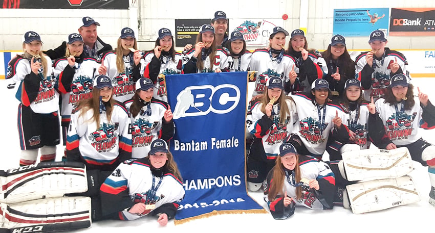 <who>Photo Credit: Contributed </who>The Kelowna Minor Hockey Association Rockets went undefeated in seven games to capture the BC Hockey bantam A girls championship in Kamloops. The Rockets defeated the North Shore Avalanche 5-3 in the final. Members of the team are, from left, front: Kiara Stecko and Lonica Mckinney. Second row: Adriana Van De Leest, Tessa Kosec, Sydney Hamilton, Chanreet Bassi, Alexis Samp and Moira Roadhouse. Third row: Ashton Thorpe, Julia Hunter, Amelia Nouwen, Anne Cherkowski, Elizabeth Lenardon, Soleil Tanaka, Alex Simpson, Kaitlyn Kruger, Evan Rodger (head coach) and Sydney Neustaeter. Back: Tim Lenardon (assistant coach) and Todd Simpson (assistant coach).