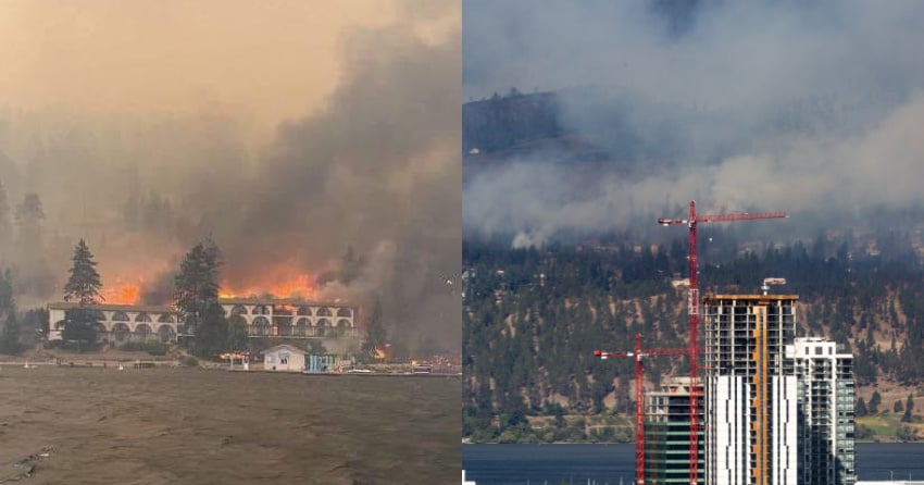 <who>Photo Credit: Contributed/KelownaNow</who>Lake Okanagan Resort burns (L)/The fire burns through the populated hills about Sailview Bay.