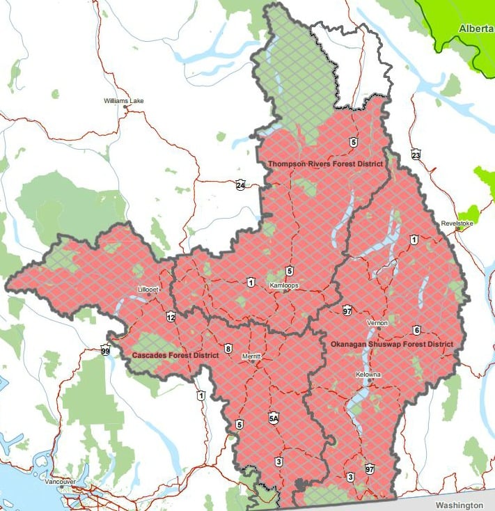 <who> Photo Credit: BC Wildfire Service </who> Kamloops Fire Centre Prohibition Areas.