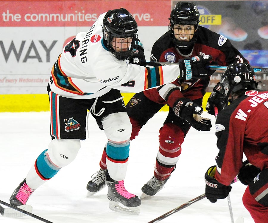 <who>Photo Credit: Lorne White/KelownaNow </who>Steel Quiring returned from injury to scored twice and assist on a goal in the OK Rockets' 6-1 win over the Valley West Giants.