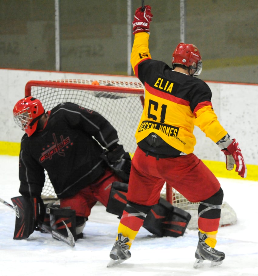 <who>Photo Credit: Lorne White/NowMedia </who>Matt Elia of the Sparta celebrates his first-period goal on Saturday against the North Island Capitals.