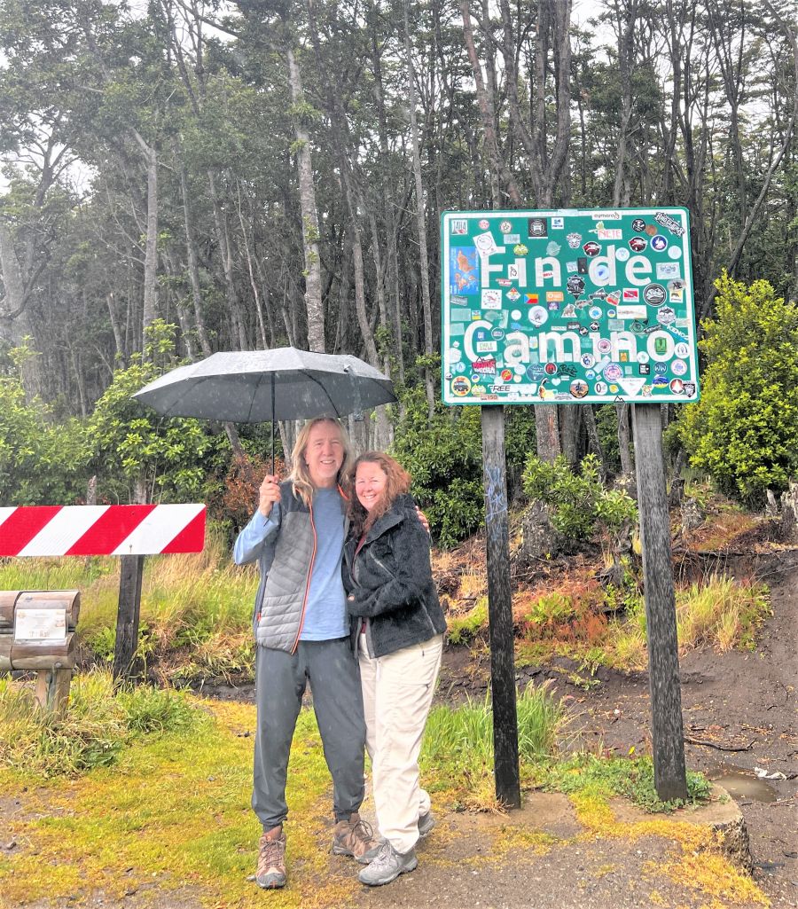 </who>Jeff and Lois Gunn completed their trip at one of the 'ends of the road' (translated to Fin de Camino), south of Punta Arenas, Chile.