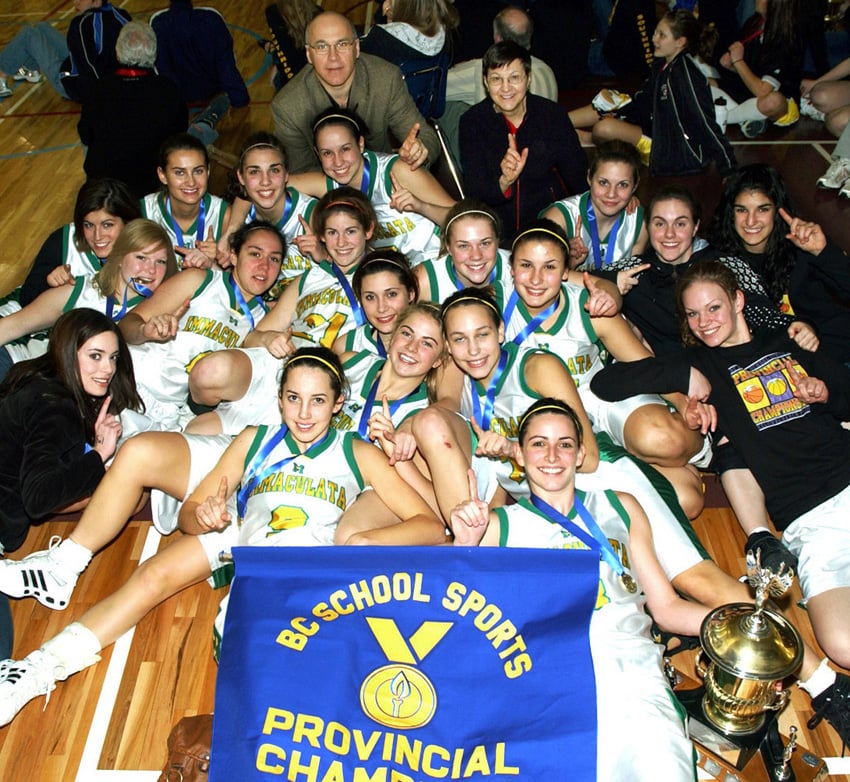 <who>Photo Credit: Lorne White/KelownaNow </who>The Immaculata Mustangs celebrated their fourth provincial senior A girls basketball championship in five years after defeating Mt. Sentinel in the B.C. School Sports final in March of 2007 in Kelowna. Members of the team, coached by Dino Gini, were Alex Longo, Alex Basso, Kristina Gasser, Rachelle Beatty, Courtney Campbell, Laura Gini, Lauren Blanleil, Kayla Ungaro, Gabby Guidolin, Nicole Parker, Heather Leier, Jorgia Van de Sype, Marsha Farrow, Alessia Muresu, Jessica Roberts, Taryn Lazarus, Brighton Ellis and Alexa Kennedy. Kara Campbell was the manager and Fran Hooker, the teacher sponsor.