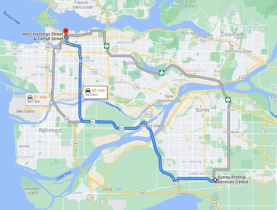 <who>Photo Credit: Google Maps</who>Sa'Ada travelled nearly 40 km after escaping jail in Surrey on Thursday.