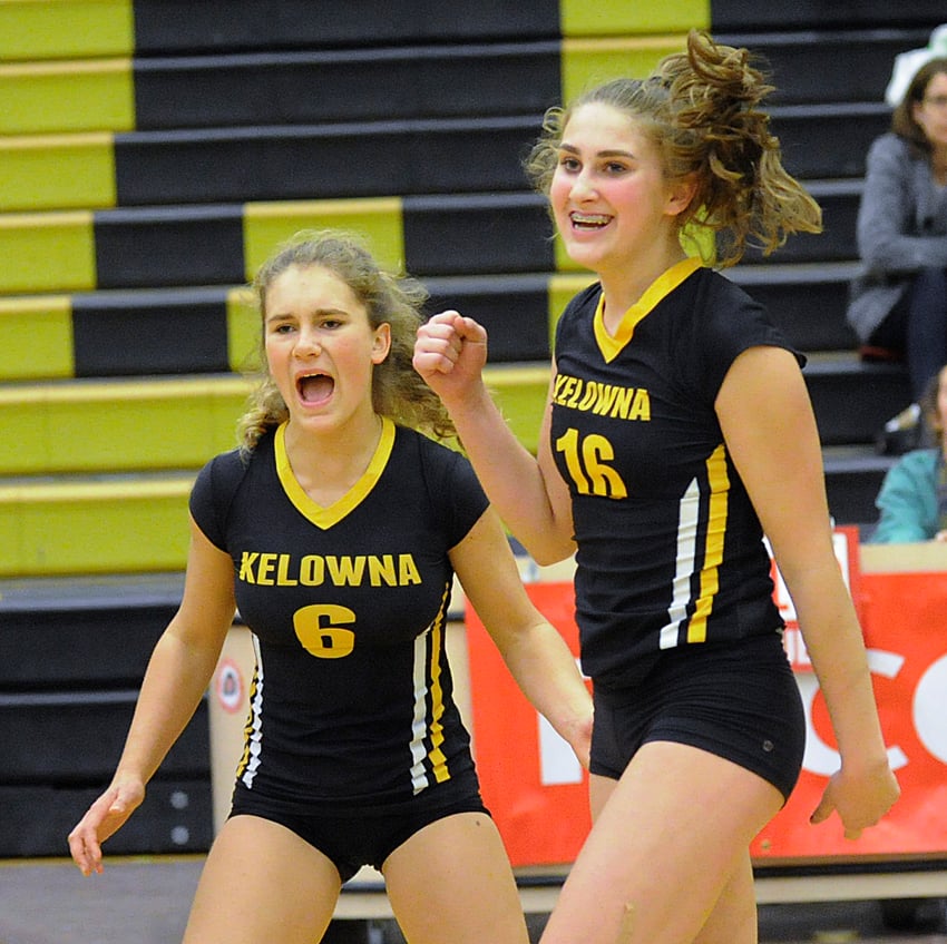 <who>Photo Credit: Lorne White/KelownaNow </who>Thea Gremmen, left, and Brook Trembley are all smiles after big point for host KSS Owls.