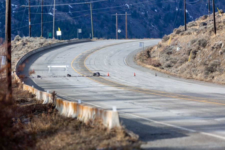 <who>Photo Credit: NowMedia/Gord Goble</who> The boulders "bounced" off Hwy 3 here