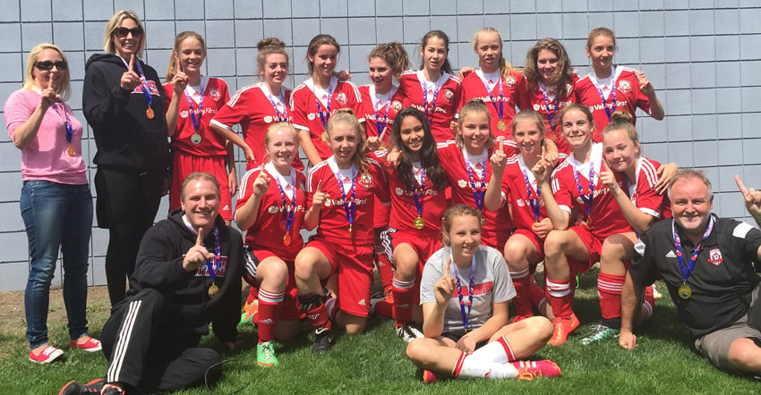 <who>Contributed </who>A 3-1 victory over Shuswap on Sunday earned the Kelowna United U14 (Smith) girls a Thompson-Okanagan playoff championship. They'll now represent TOYSL at the BC Soccer Provincial B Cup in Penticton July 7-10. Members of the team are, from left, front: Tayshja Clark. Middle: Mike Smith (coach) Alison McDuff, Katie Schultz, Nikki Rowe, Sam Brown, Makenna Banser, Madison Dyck, Ashlyn Eisenkrein and Mark Brown (coach). Back: Darlene Eisenkrein (manager), Cathy Krivoshein (assistant manager), Sophia Millikin, Llaya Joseph, Sofia MacQuarrie, Brianna Panagos, Malia Thompson, Kaley Krivoshein, Bianca Panagos and Alyssa Rogall.