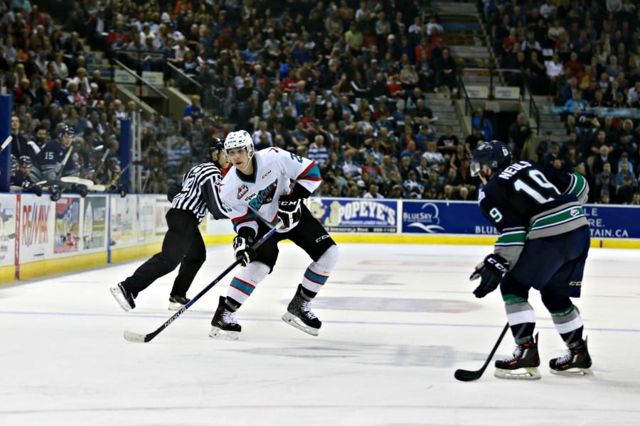 <who>Photo Credit: KelownaNow</who>Not only did the Rockets' d-core protect their own zone, Cal Foote and the rest of the defensive lineup put the puck on the T-Birds net a number of times throughout the game.