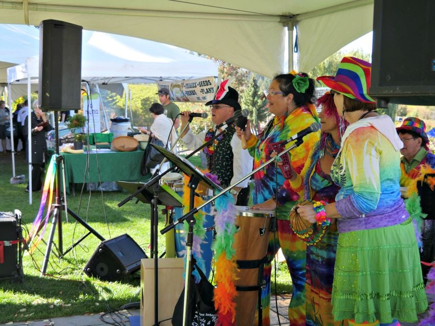 <who> Photo Credit: KelownaNow.com </who> Entertainers provide music for the guests of the 10th Organic Okanagan Festival.
