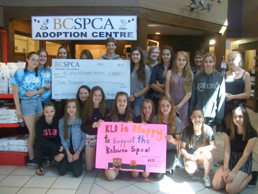 <who> Photo Credit: BC SPCA. </who> Students at the KLO school raised $500 in pizza sales for the animals at the BC SPCA Kelowna Branch.