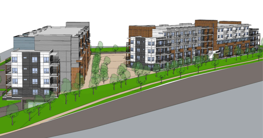 <who> Photo Credit: City of Kelowna </who> Conceptual drawing of the proposal, viewed from Benvoulin Road.