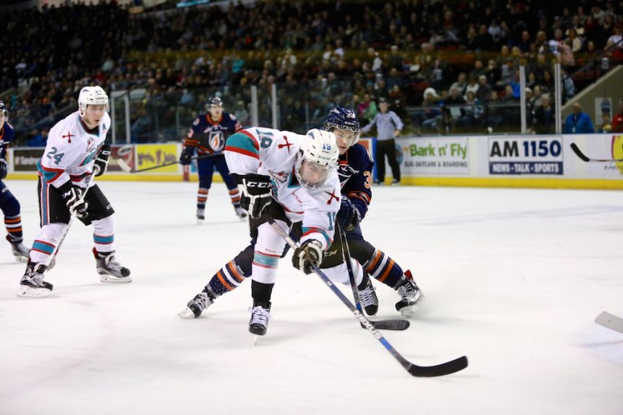 Dillon Dube playing on a line with Lind and Baiilie had two assists in the game. Photo credit KelownaNow.com 