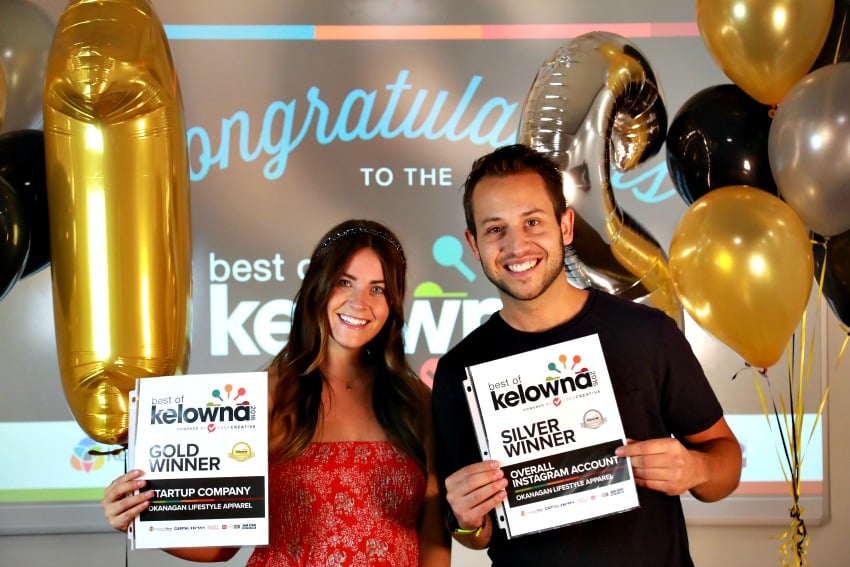 <who> Photo Credit: KelownaNow. </who> Robertson and Luopa accepting their Best of Kelowna award. 