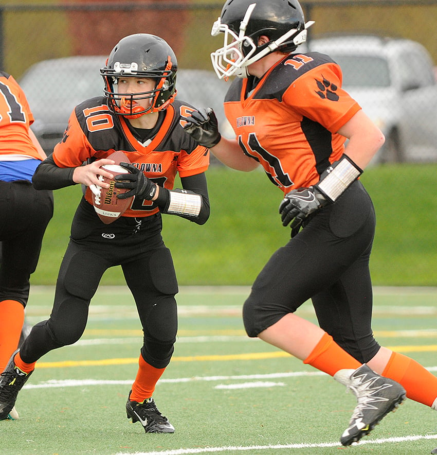 <who>Photo credit: Lorne White/KelownaNow </who>Quarterback Nate Beauchemin, left, and Bronte Gallo played key roles in the Lions' march to a provincial title.