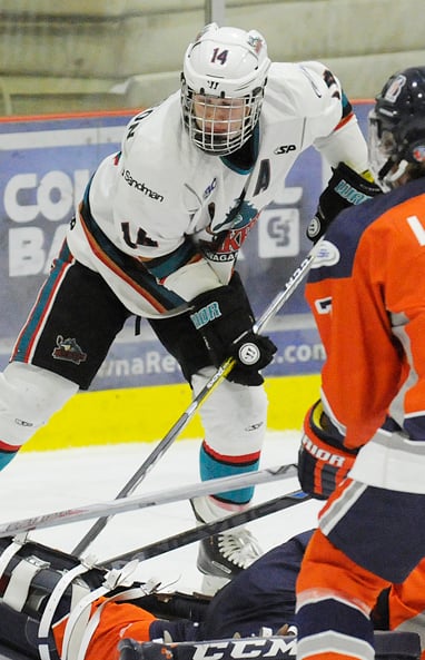 <who>Photo Credit: Lorne White/KelownaNow </who>Jordan Robinson scored twice and assisted on a goal in the <br>Okanagan Rockets' 7-1 victory over the NW Giants.