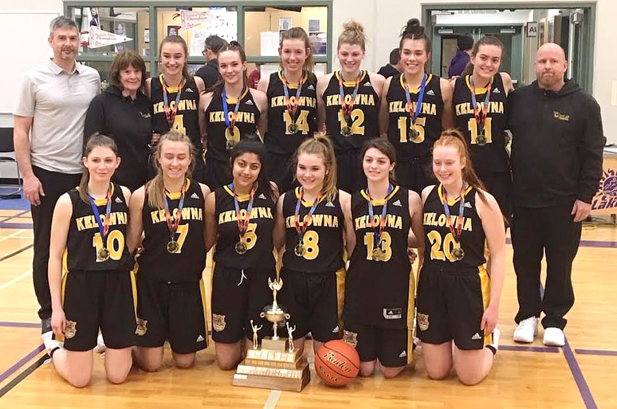 The Kelowna Owls repeated at Okanagan Valley champions on the weekend in Penticton and will have the opportunity to defend their B.C. School Sports AAA basketball championship later this month in Langley. Members of the team are, from left, front: Nicole Torozan, Jenna Holland, Japleen Chahal, Kassidy Day, Kyara Klempner and Marli Gallagher. Back: Darren Semeniuk (coach), Heather Semeniuk (coach), Katrina Fink, Rylee Semeniuk, Jordan Kemper, Kennedy Dickie, Jaeli Ibbetson, Sophie Lachapelle and Quentin Thiessen (coach).